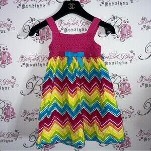 Jenny & me dress rainbow bow tie up belted ruffle boho crochet dress cute